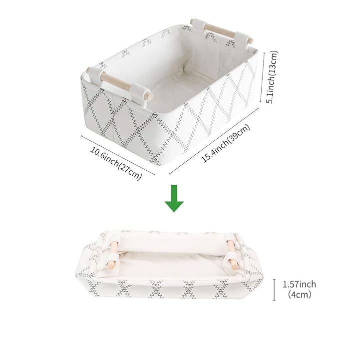 Decorative Collapsible Rectangular Fabric Storage Bin Organizer Basket with Wooden Handles for Clothes Storage,15.4x10.6x5.1 