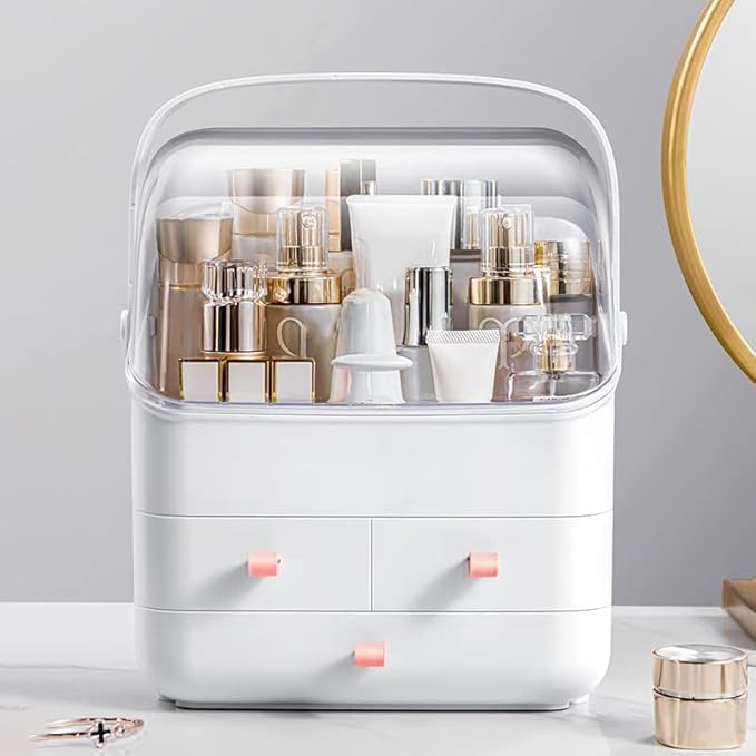 LINFIDITE Cosmetic Storage Box with Lid Makeup Organizer Box with Dust Free Cover Portable Handle,Large Makeup Display Case w