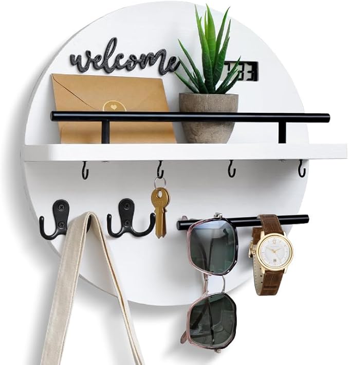 Key Holder for Wall, Key and Mail Holder Organizer with - Key Holder Wall Mount - Round Wooden Rustic Home Decor for Entryway