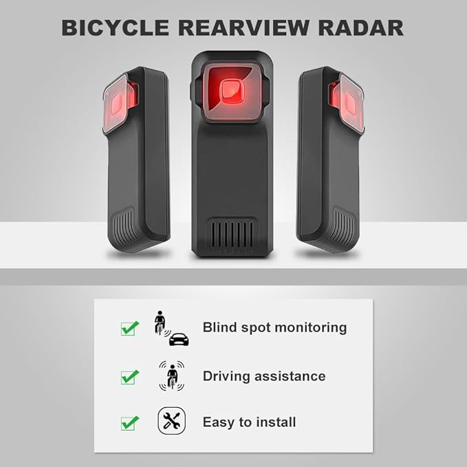 BY-J Bike Radar Tail Light, Visual and Audible Alerts for Approaching Vehicle, Compatible with Garmin Wahoo Bike Computers & 
