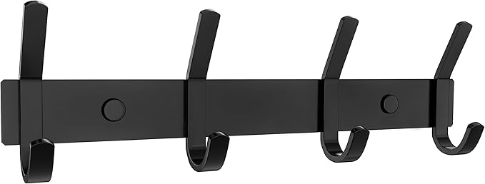 Matte Black Coat Rack Wall Mount – 12 Inch Stainless Steel Hook Rail with 4 Double Coat Hooks – Wall Mounted Entryway Organiz