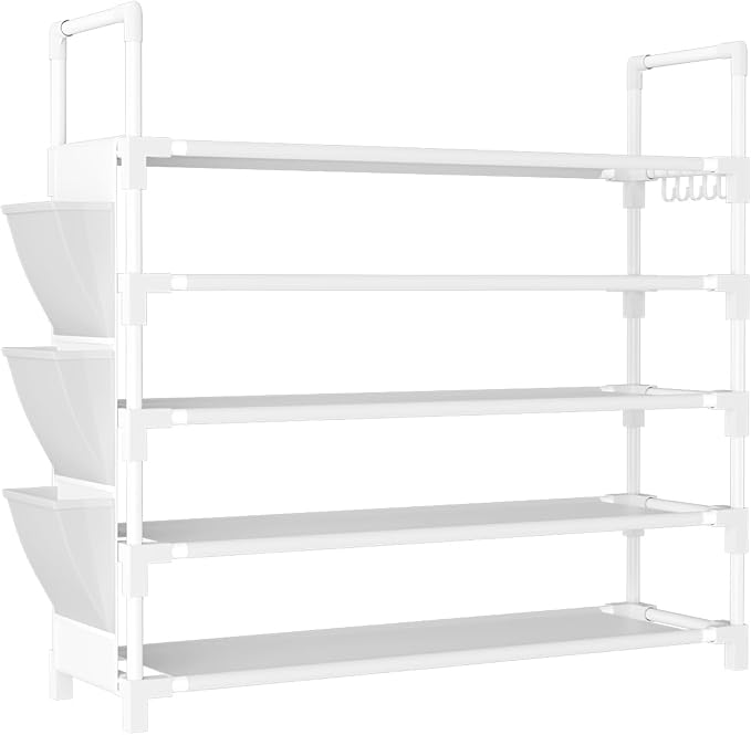 5 Tier Shoe Rack, Shoe Organizer Storage for 20-25 Pair Boot and Sneaker, Stackable Free Standing Shoe Shelf with Hooks and S