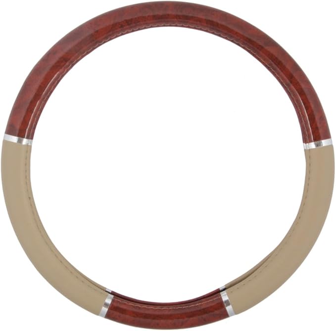 BDK Dark Wood Grain Car Steering Wheel Cover, Standard 15 inch with Beige Faux Leather Grip, Made to Fit Most Auto Truck Van 