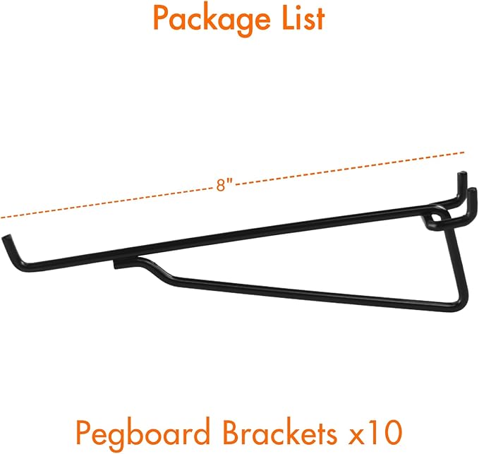 G.CORE Pegboard Shelf Hooks, 10-Pack 8" Black Peg Board Brackets, Organizer Accessories, Various Tools Storage Arrange System