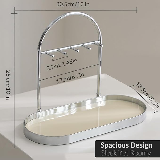 Shinpuru Metal Jewelry Organizer Stand & Key Holder Tray with Acrylic Base, Key Stand and Jewelry Tray with 5 Hooks, Perfect 