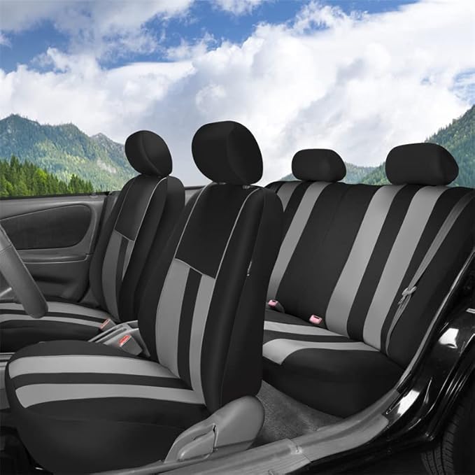 FH Group Car Seat Cover Full Set Striking Striped Gray Car Seat Covers with Front Seat Covers and Rear Split Bench Car Seat C