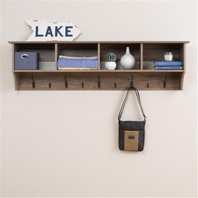 Prepac Drifted Gray 60" Contemporary Wall Mounted Coat Rack, Coat Hooks Wall Mount with 4 Shelves, Ideal for Hallway or Entry
