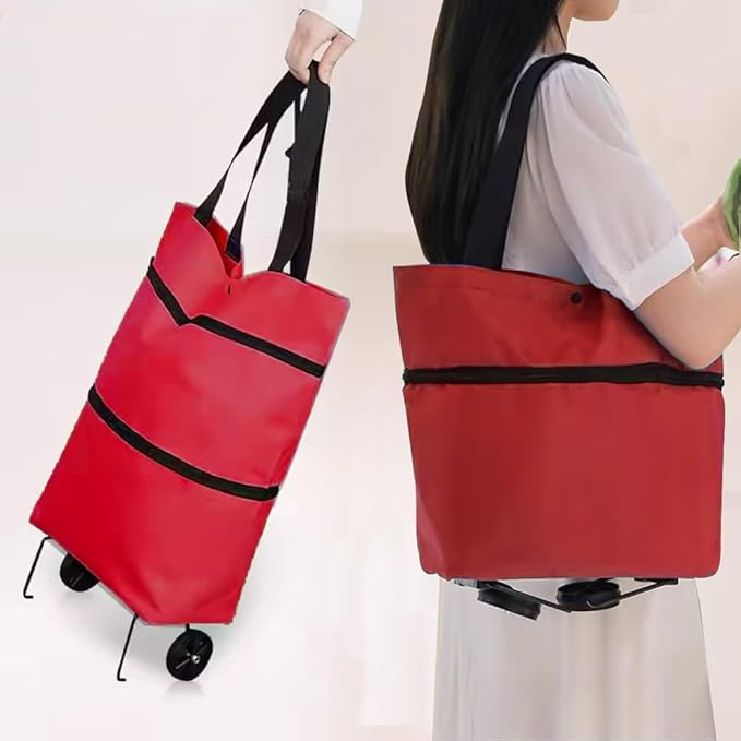 Collapsible Shopping Grocery Bag With Wheels Rolling Tote Bag With Wheels Large Reusable Shopping Bags Foldable Cart(Red,Large)