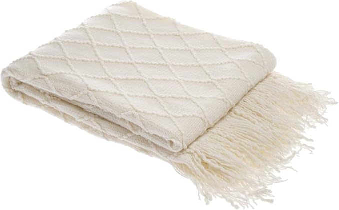 BATTILO HOME Large Cream Throw Blanket with Fringe, End of Bed Throw Blankets White,Spring Throw Blanket for Couch Sofa Indoo