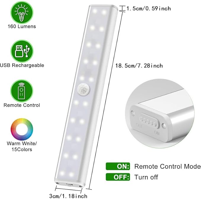 Diomart 48 LED Under Cabinet Lighting Wireless, 15 Colors Changeable Rechargeable RGB Under Cabinet Lights Remote Control Under Counter Lights Mini Night Light Bar for Indoor Display Shelf, 4 Pack