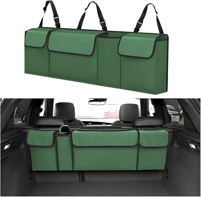 Car Trunk Organizer with Lid, Large Waterproof Vehicle Backseat Hanging Storage Bag with 4 Pockets & Adjustable Straps, Colla