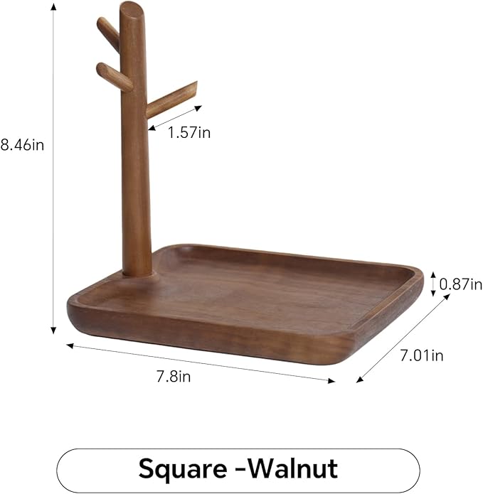 Black Walnut Solid Wood Key Dish Bowl for Entryway Table Square Tray With 3 Hooks, Open Storage for Keys, Wallet, Jewelry (Wa