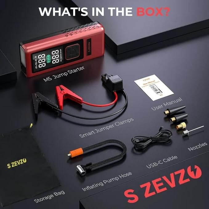 S ZEVZO Car Jump Starter with Air Compressor, 4000A 150PSI Jump Box Battery Pack(6.0 Gas/4.0L Diesel), Portable 12V Jump Box with Auto-Shutoff Tire Inflator, USB Ports, LCD Display & LED Light