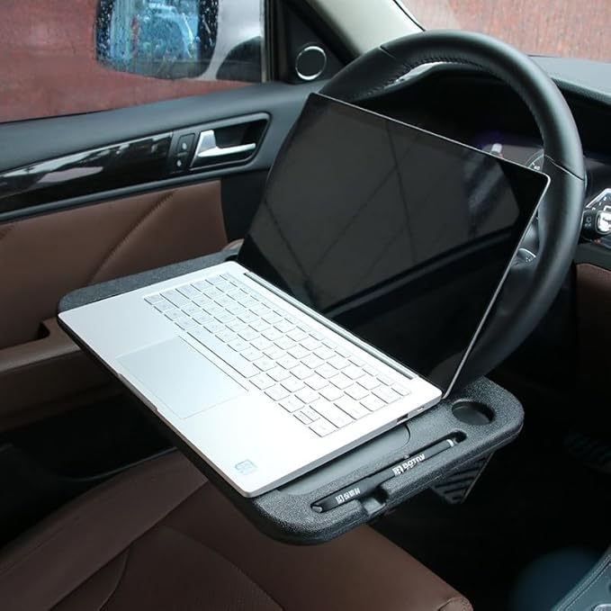 Steering Wheel Tray Desk, Portable Laptop & Food Table for Eating, Working, Makeup, Steering Wheel Stand for Truck Drivers, Vehicle Mount Organizer with Cup Holder