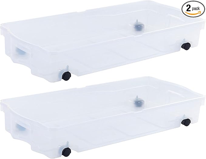 Rubbermaid 70 Quart Under the Bed Low Profile Storage Boxes with Dual Hinged Lids and Easy Rolling Caster Wheels, Clear, 2 Pa