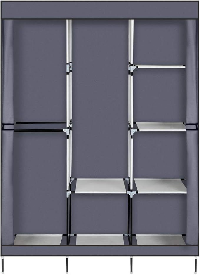 Karlhome 4-Tiers 8 Compartment Canvas Wardrobe, Portable Wardrobe Fabric Wardrobe with Shelves and Cover for Hanging Clothes,