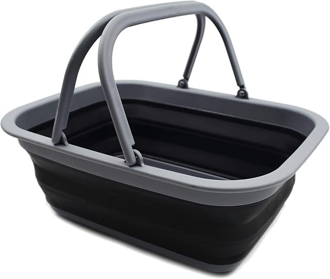 SAMMART Collapsible Washing Tub with Handles 9.2L (2.37Gallon) - Portable Outdoor Picnic Basket/Crate - Foldable Space Saving Storage Container for Dishing, Camping & Home (1, Dark Grey/Black)