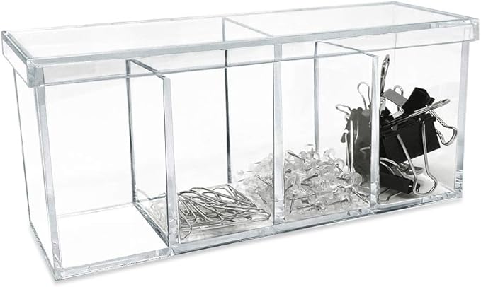 Isaac Jacobs 2-Pack 4-Compartment Clear Acrylic Organizers with Lid (9” L x 3” W x 4” H), Makeup Brush Holder, Sectional Tray