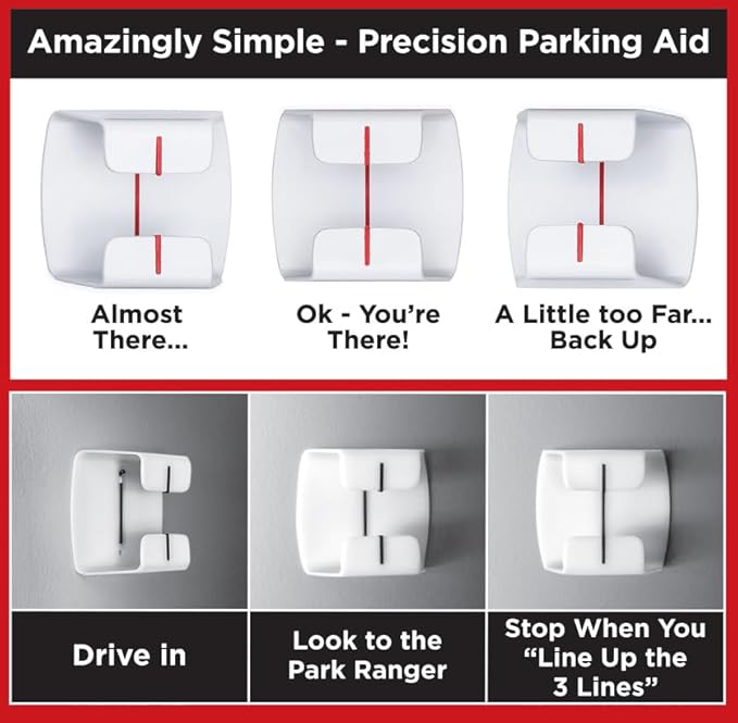 Park Ranger 4 pcs: U.S.A. Made Garage Parking Aid Bright White Amazingly Simple Perfect Assist Gadget Stop Indicator, Easy Install Stopper Peel & Stick Tape & Wall Decals 1 per Vehicle