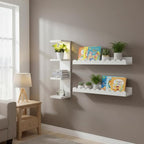 LinTimes 4-Pack Natural Wood & White Floating Shelves Set and 4-Tier LED Wall Shelf Unit with Remote Control – Wall Mounted D