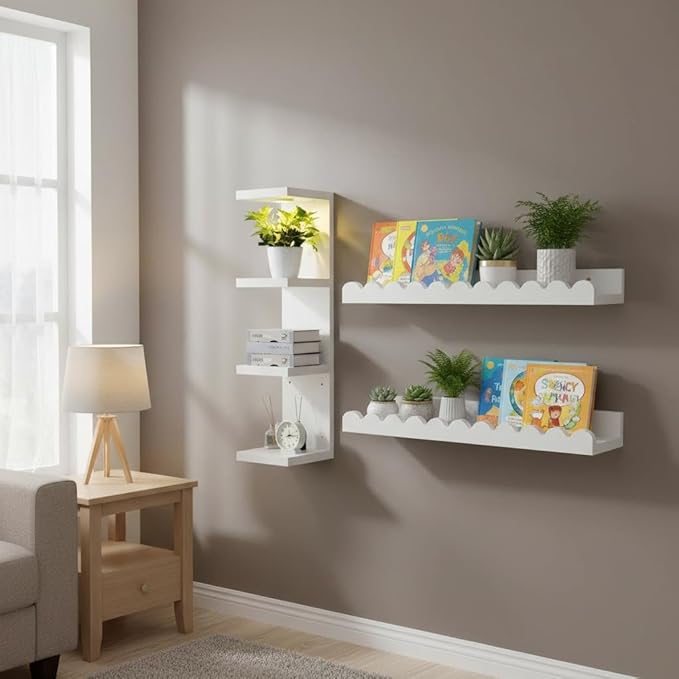 LinTimes 4-Pack Natural Wood & White Floating Shelves Set and 4-Tier LED Wall Shelf Unit with Remote Control – Wall Mounted D