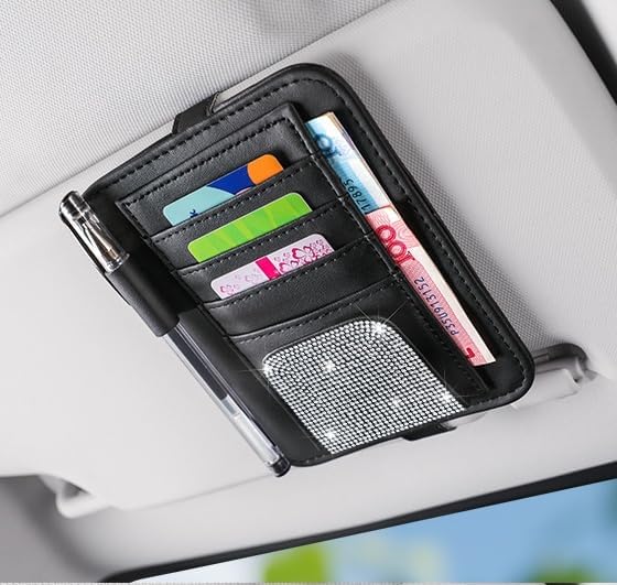 Bling Car Sun Visor Organizer, Rhinestone Multi-Pocket Truck Visor Organizer Pouch with Visor Pen Holder,Glasses Holder,Universal Sunvisor Organizers for Most Cars SUVs -White