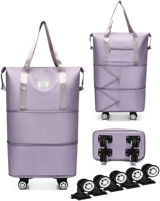 Expandable Foldable Duffel Bag with Detachable Wheels, 64L Large Capacity Rolling Travel Duffle Bag, Lightweight Carry on Luggage with Spinner Wheels, Weekend Gym Tote Bag (Light Purple)