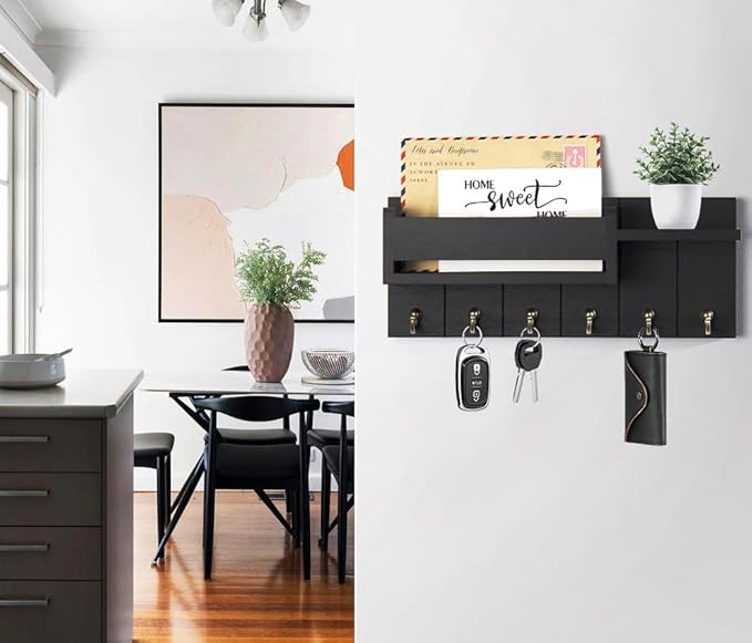 RelaxScene Key Holder Wall Mount - Decorative Key Rack and Mail Organizer with 6 Key Hooks - Wooden Key Hanger with Shelf for