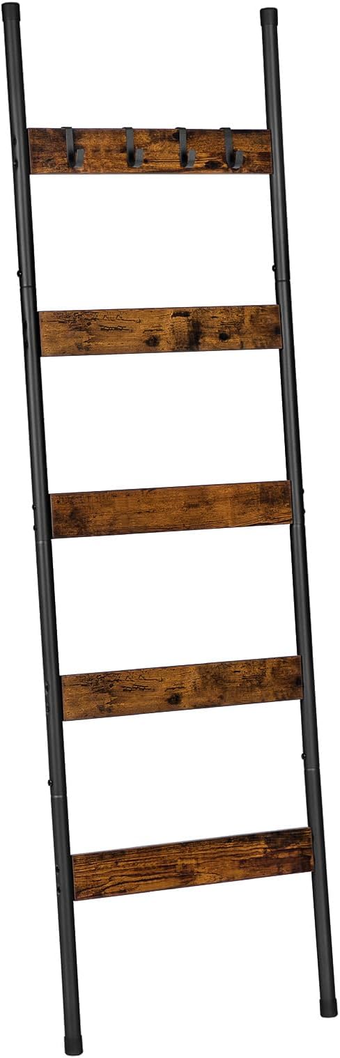 HOOBRO Blanket Ladder, 5-Tier Towel Rack with Hooks, Wall-Leaning Blanket Rack, Decorative Display Ladder Shelf, for Scarves,