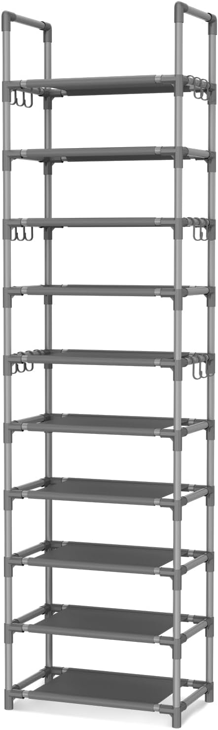 VTRIN 10 Tiers Tall Shoe Rack Holds 20-25 Pairs of Shoes Sturdy Vertical Shoe Organizer with 18pcs Hooks Stackable Narrow Sho