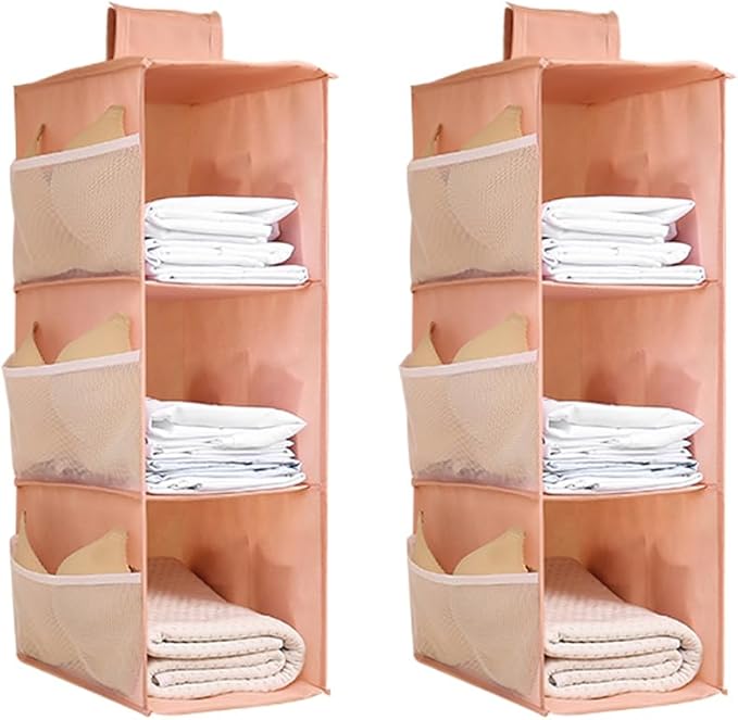 Hanging Closet Organizer, 4-Section Storage Shelves, Oxford Cloth with Mesh Pockets, (Pink, 3 Section)