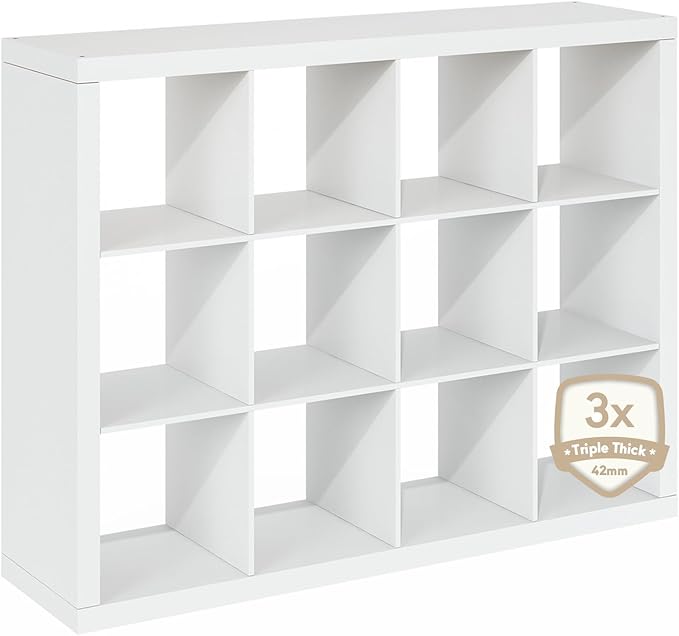 Furinno Cubicle Book Shelf, 12-Cube Bookshelf, Triple Thick Frame Cube Storage Organizer, 1.65" Thick Bookcase, 15.4" x 57.4"