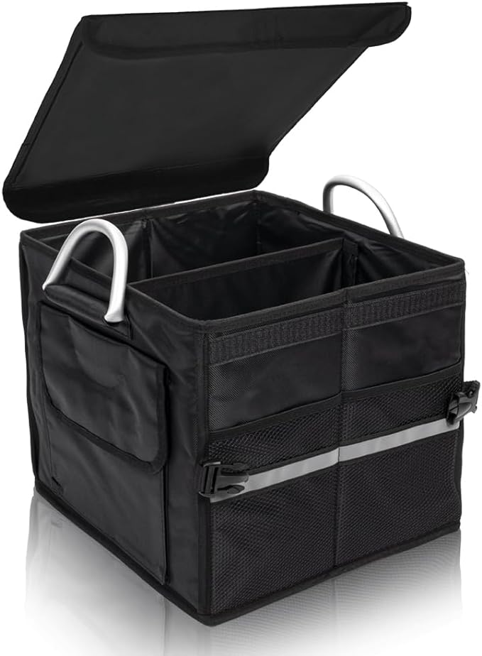 Small Trunk Organizer With Lid, For SUV Car Truck, Black 28L, Foldable Waterproof Oxford Fabric, 2-Compartments With Aluminiu