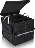 Small Trunk Organizer With Lid, For SUV Car Truck, Black 28L, Foldable Waterproof Oxford Fabric, 2-Compartments With Aluminiu