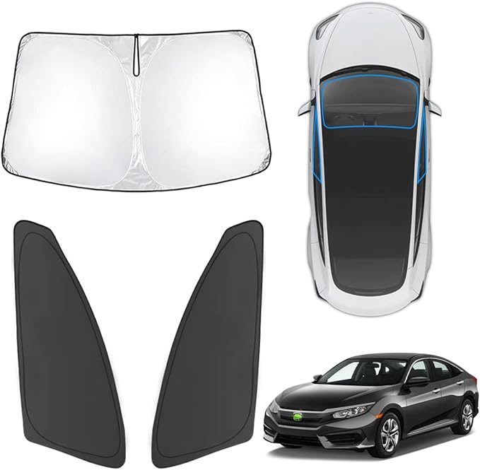 Karltys 3PCS Windshield Sun Shade for 2016-2021 Honda Civic, Front and Side Window Sunshade Custom Fit 10th Gen. Civic, Thick Reflective Sun Visor Cover Protector Blocks Heat UV Rays