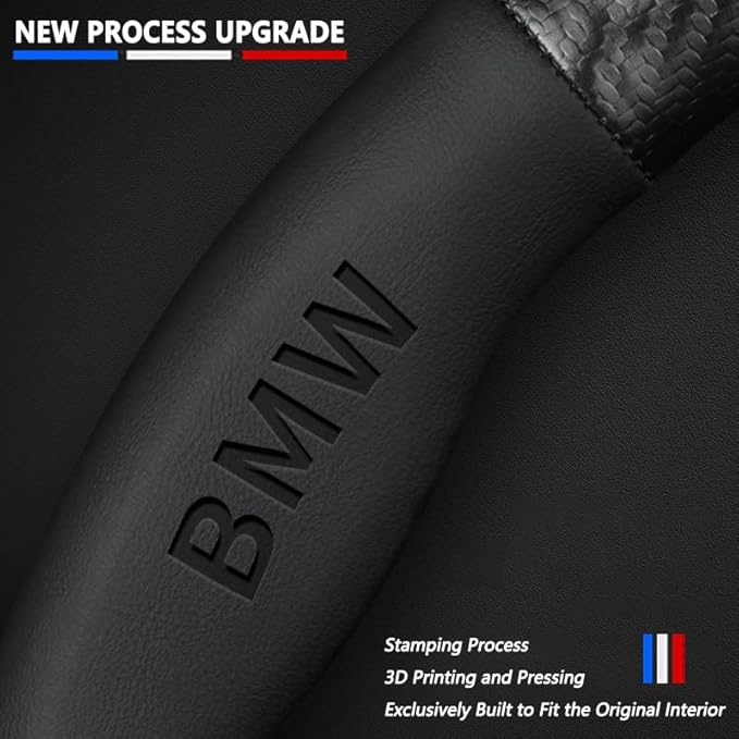 Customized Steering Wheel Cover Compatible with BMW, Nappa Leather & Carbon Fiber Design Car Steering Wheel Cover, with Coasters and 3-in-1 USB Fast Charging Cable (Black)