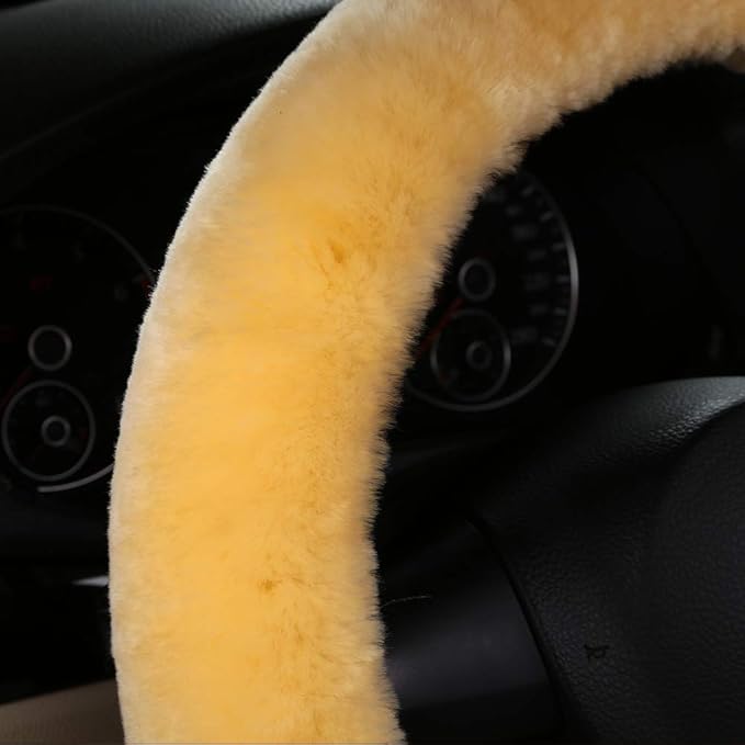 Plush Fuzzy Fluffy Wool Sheepskin Car Steering Wheel Cover for Girls Women Cozy Universal Soft Car Auto 14 1/2-15 1/2inchs (G