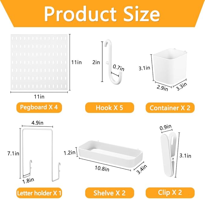 16pcs Pegboard sets, Plastic White Peg board Wall Organizer Kits,4pcs Peg Board and 12 Accessories Modular Hanging, Wall Moun