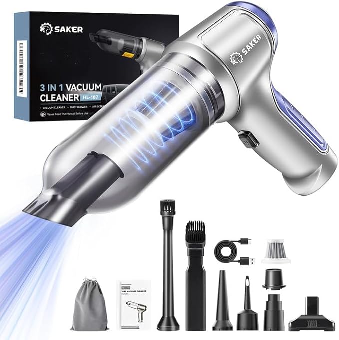 Saker Car Vacuum Portable Cordless 15000PA,3 in 1 Handheld Vacuum with Brushless Motor for Car, Office and Home Cleaning Blue