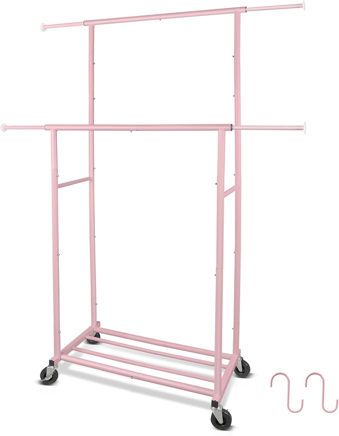 Fishat Portable Pink Double Rods Garment Clothes Rack for Drying with Rolling Clothes Organizer on Lockable Wheels Mobile for