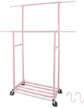 Fishat Portable Pink Double Rods Garment Clothes Rack for Drying with Rolling Clothes Organizer on Lockable Wheels Mobile for