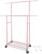 Fishat Portable Pink Double Rods Garment Clothes Rack for Drying with Rolling Clothes Organizer on Lockable Wheels Mobile for
