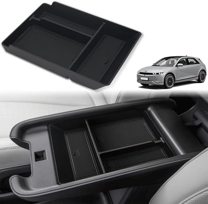 BestEvMod for Ioniq5 Armrest Storage Box Center Console Organizer Tray Interior Accessories with Rubber Black Trim Compatible with Hyundai Ioniq 5 2022-2026 Accessories(V2)