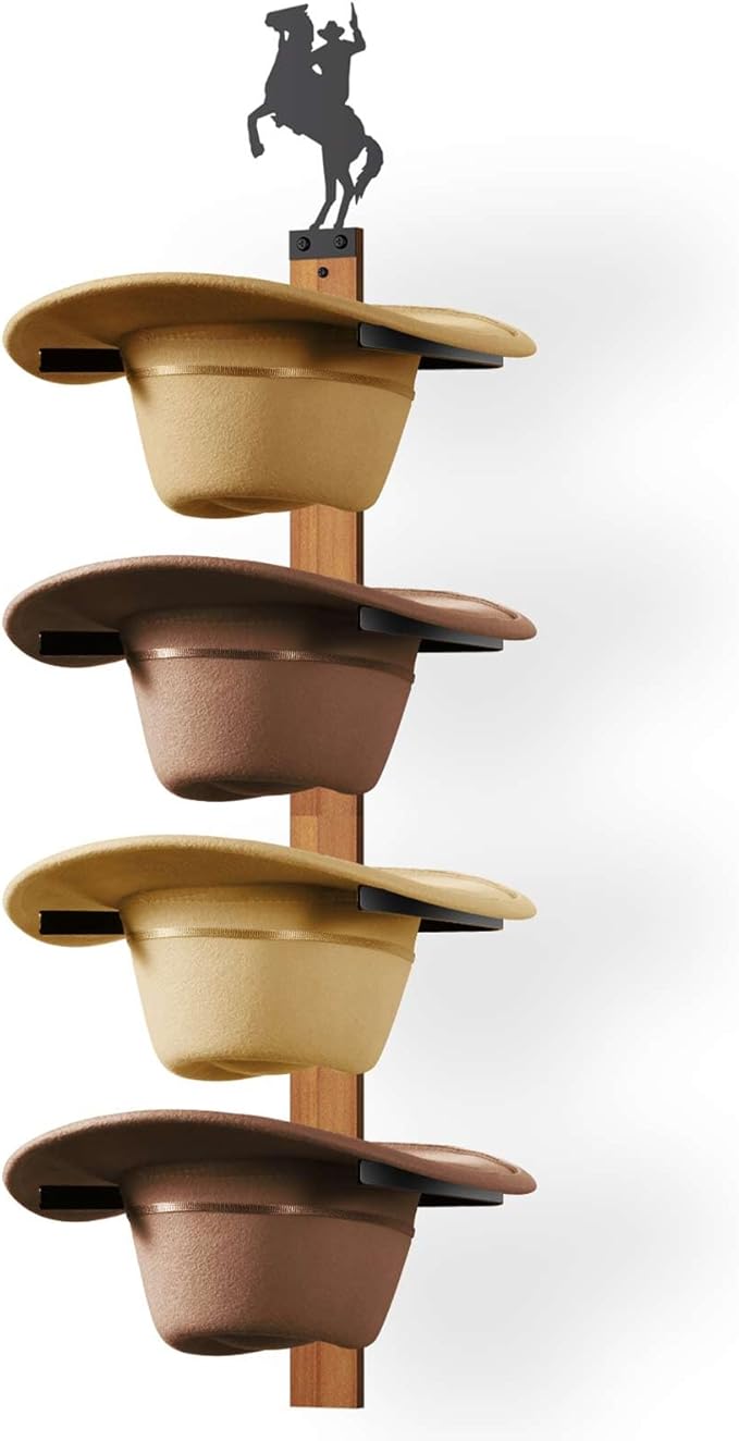 Cowboy Hat Rack, 4 Pieces Hat Rack for Cowboy with Wooden Board, Gift Cowboy Hat Holder Wall Storage-Organizer Western Hats w