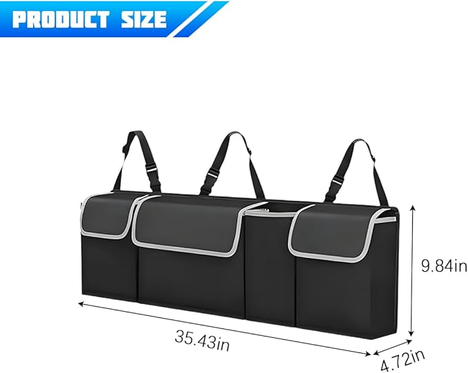 Car Trunk Organizer with Lid, Large Waterproof Vehicle Backseat Hanging Storage Bag with 4 Pockets & Adjustable Straps, Colla