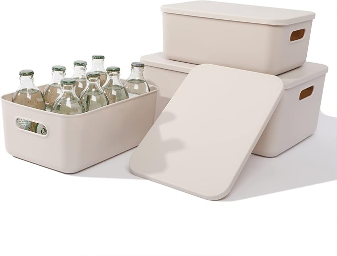 Yishyfier Plastic Storage Baskets With Lid Organizing Container Lidded Knit Storage Organizer Bins for Shelves Drawers Deskto
