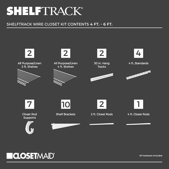 ClosetMaid ShelfTrack Wire Closet Organizer System, Adjustable from 4 to 6 Ft., With Shelves, Clothes Rods, Hardware, Durable