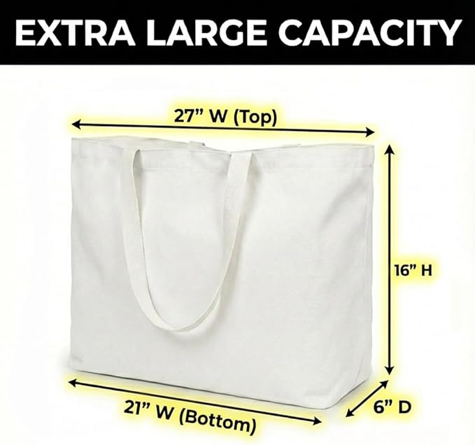 Extra Large Canvas Tote Bag - Big Reusable Grocery Shopping Heavy Duty Foldable