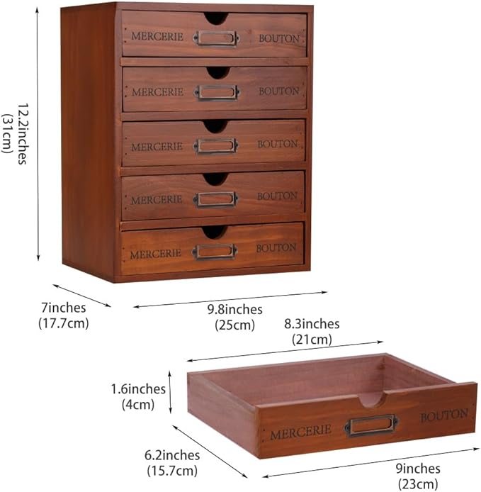 Wooden Storage Box with 5 Drawers Apothecary Drawers Vintage Wooden Drawers Wood Desktop Organizer with Drawers Countertop Dr