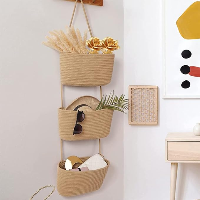 TeoKJ Over the Door Hanging Basket, 3-Tier Woven Cotton Wall-Mounted Storage Organizer Bag Decorative Hanging Nursery Baskets